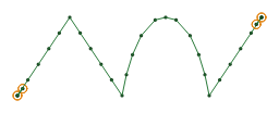 A path of straight lines and one curve, running stitch