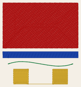 The patch as it will sew. A red fill with rows at 45 degrees has a blue satin band and a green curve of running stitch under it. Under them, 2 gold squares with upright rows have the loose thread of the jump between them. The placement line and the start marker are not sewn.
