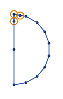A half disc 10 mm tall in 6 mm running stitch, a straight side on the left and a curve on the right, 0.1 mm