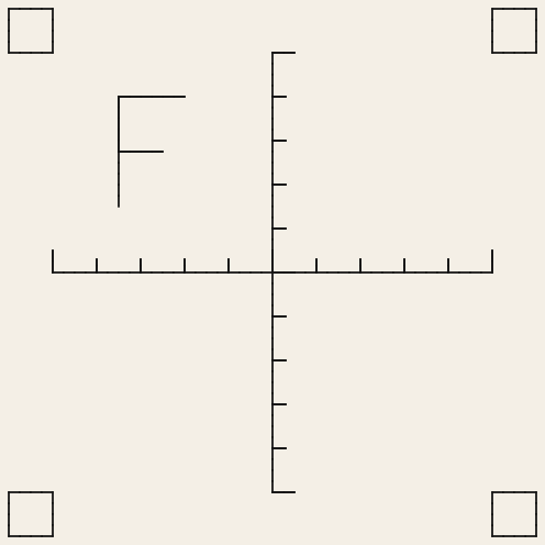 TS-01 as it will sew: a cross with ticks, an upright F at the top left and four corner squares, in black thread.