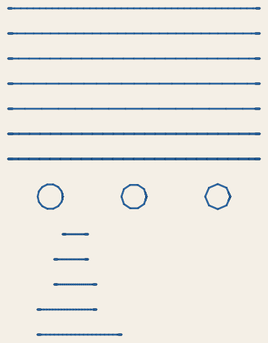 TS-03 as it will sew, in blue: five long lines with stitches from 1.5 to 4 mm, two bolder bean-stitch lines, three small circles, the right-hand one visibly many-sided, and five short lines of tiny stitches growing longer towards the bottom.