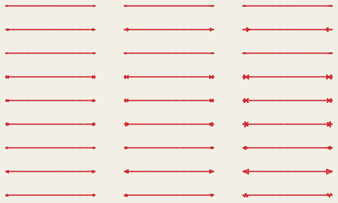 TS-04 as it will sew, in red: nine rows of three lines, each line ending in a small lock at both ends, the locks’ shapes differing from row to row and growing from left to right.