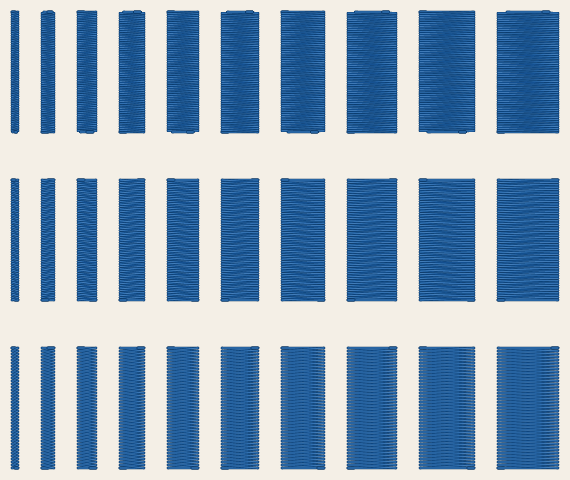TS-05 as it will sew, in blue: three rows of ten solid satin columns, each row’s columns growing from 1 to 10 mm wide left to right, the top row densest and the bottom row the most open.