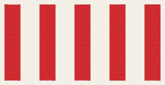 TS-06 as it will sew, in red: five satin columns 6 mm wide side by side, which look alike from above because their underlays lie beneath the top stitches.