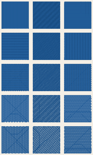 TS-08 as it will sew, in blue: fifteen tatami squares in five rows of three, their rows level, slanting and upright from left to right, the top squares dense and the bottom ones open enough to show the underlay and travel beneath them.