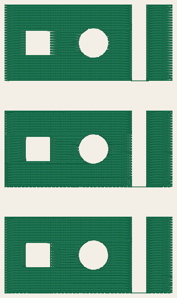 TS-09 as it will sew, in green: the same shape three times, top to bottom, a rectangle with a square hole and a round hole and a bar to its right, which a jump thread along the bottom joins to it.