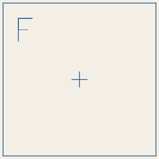 TS-10A as it will sew: a blue square frame 100 mm on each side, the 4 × 4 in hoop’s field, with an F at the top left and a small cross in the centre.
