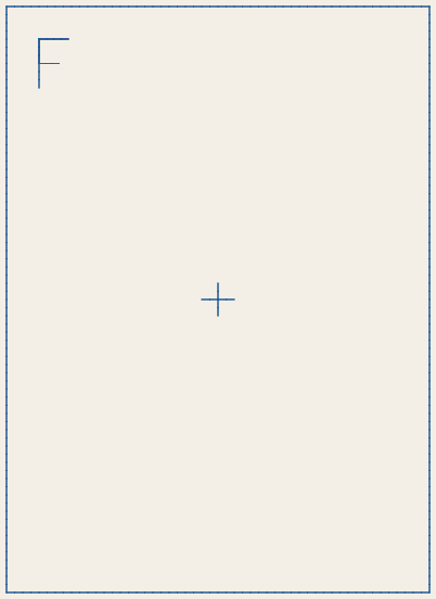 TS-10B as it will sew: a blue frame 130 mm wide and 180 mm high, the 5 × 7 in hoop’s field, with an F at the top left and a small cross in the centre.