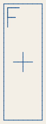 TS-10C as it will sew: a blue frame 20 mm wide and 60 mm high, the small hoop’s field, with a small F at the top left and a small cross in the middle.
