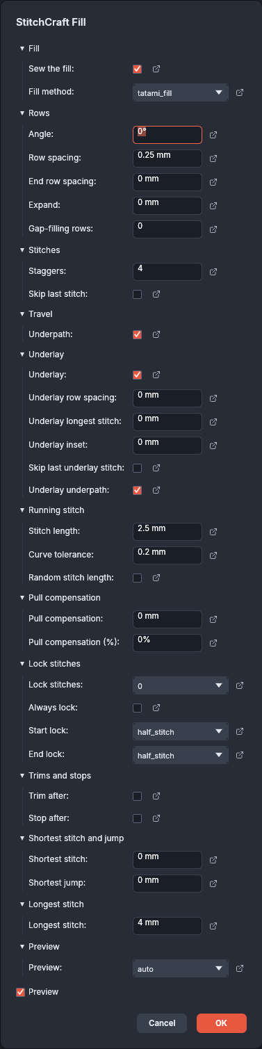 The StitchCraft Fill dialog in VectorCraft, its settings in sections, from Fill, with Sew the fill and Fill method, to Longest stitch and Preview. Each row has a label, a field with its unit, and a button that opens the setting’s help page. Under them are the Preview checkbox, checked, and the Cancel and OK buttons.