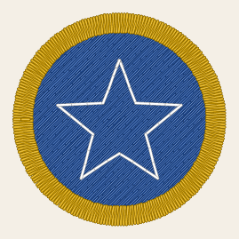 The VectorCraft tutorial’s patch as it will sew. The blue fill’s rows run at 45 degrees, and a white star of running stitch lies on it, inside a gold satin border.