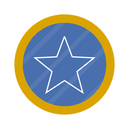 The patch in VectorCraft’s canvas, as the plug-ins’ previews show it. Rows at 45 degrees fill the blue disc, and a white star of running stitch lies on it, inside a gold satin border.