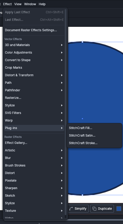 VectorCraft’s Effect menu, open at Plug-ins, which lists StitchCraft Fill, StitchCraft Satin and StitchCraft Stroke.