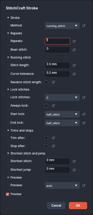 The StitchCraft Stroke dialog in VectorCraft, its settings in sections, from Stroke, with Method, to Shortest stitch and jump and Preview. Each row has a label, a field with its unit, and a button that opens the setting’s help page. Under them are the Preview checkbox, checked, and the Cancel and OK buttons.