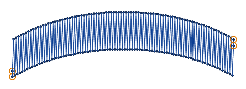 A curved band 36 mm long and 6 mm wide sewn as a zigzag satin, each stitch slanting from one edge to the other and back, 0.4 mm